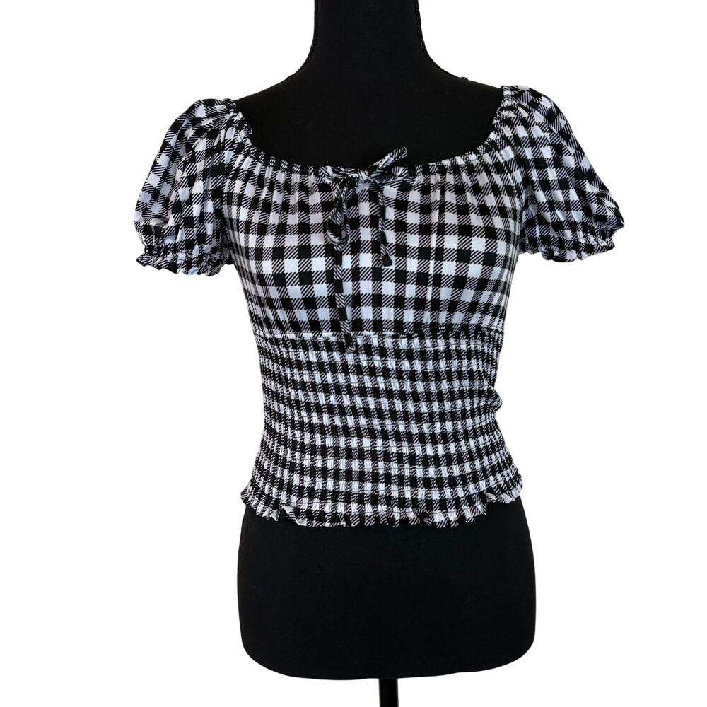 Planet Gold Gingham Smocked Crop Top S Black